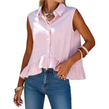 Sommerliche Damenoberteile: Ärmellose Blusen mit Knöpfen, Cropped-Tops mit Peplum-Ausschnitt, Lässige Babydoll-Blusen mit Streifenmuster Rosa L