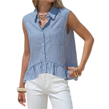 Dames Zomertops: Mouwloze Blouses met Knoopjes, Cropped Peplumtops, Casual Gestreepte Babydollblouses Blauw L