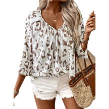 Dames Zomertops: Elegante Casual Blouse met V-Hals, Satijnen Print, Boho-Stijl, Mouwen Tot de Elleboog, Werkblouse Luipaardprint 1 XXL