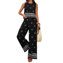 Damen 2-Teiliges Sommer-Outfit: Ärmelloses Top mit Vintage-Print und Weite Hose - Strandoutfit Schwarz S
