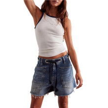 Dames Denim Shorts met Trekkoord en Hoge Taille, Zomerse Casual Knielange Broek met Zakken Diepblauw L