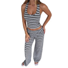 Tweedelige Gestreepte Sets voor Dames, Reisoutfits, Y2K-Uitgaanskleding, Vakantiekleding Grijs L