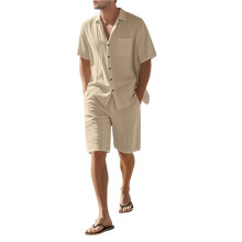 Mannen'S Linnenmix Korte Mouwen Shirt & Shorts Set, Casual Zomer 2-Delige Outfit Khaki XL