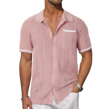 Heren Gebreide Shirts, Casual Shirts met Korte Mouwen, Gehaakte Details, Doorschijnende Mesh, Knoopsluiting, Strandtops Roze S