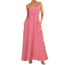 Dames Zomer Maxi Jurk Casual Mouwloos Vierkante Hals Gestreept Strand Lange Jurk met Zakken Rood L