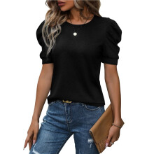 Dames Tops met Korte Pofmouwen en Ronde Hals, Trendy Outfits voor Lente en Zomer, Casual T-Shirts Zwart XL