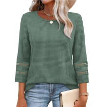 Dames Tops, Elegant en Casual, Shirts met 3/4 Mouwen, Lente/Zomer, Kanten en Gehaakte Blouses, Wafelbreiwerk Groen XL