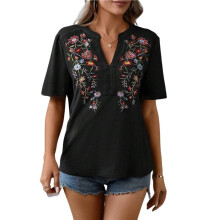 Damesshirts, Geborduurde Tops, Traditionele Zomerblouse, Bloementuniek, V-Hals, T-Shirt met Korte Mouwen Zwart XXL