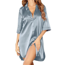 Dames Satijnen Nachthemd met Knoopsluiting, Slaapshirt, Nachtjapon met Boyfriend-Kraag. 1006 Zilver XXL