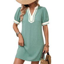 Zomerjurken voor Dames: Boho-Jurk met Bloemenprint, Pofmouwen, Korte Mouwen, V-Hals en Bies, Casual -Jurk, Zomerjurk Matcha Groen S