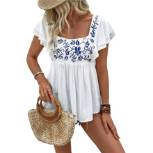 Dames Geborduurde Mexicaanse Tops, Boerenblouse met Korte Mouwen, Zomerhemdjes Uit Mexico Wit XL