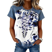 Trendy Damestops, Zomerse Shirts met Kleurblokken en Ronde Hals, Zakelijke Casual Damesblouses Grote Bloem XL