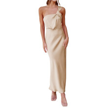 Satijnen Maxi-Jurk met Één Schouder voor Dames, Zomerse Formele Elegante Jurk met Open Rug en Ruches, Mouwloze Jurk Abrikooskleur S