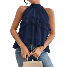 Damesblouse met Gelaagde Ruches aan de Zoom, Mouwloos, Haltermodel, Chiffon, Zwierige Tanktop Marineblauw XXL