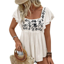 Dames Geborduurde Mexicaanse Tops, Boerenblouse met Korte Mouwen, Zomerhemdjes Uit Mexico Abrikooskleur XL