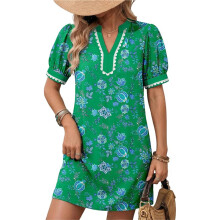 Zomerjurken voor Dames: Boho-Jurk met Bloemenprint, Pofmouwen, Korte Mouwen, V-Hals en Bies, Casual -Jurk, Zomerjurk Diepgroen XL