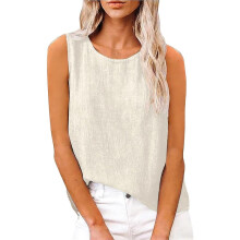 Linnen Tanktops voor Dames, Loungewear, Zomerse Mouwloze Top met Ronde Hals, Losvallende Camisole Abrikooskleur S