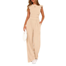 2-Delige Bijpassende Zomerse Casual Set voor Dames: Top met Plooien aan de Zijkant, Wijde Broek met Zakken. Crème Wit XL