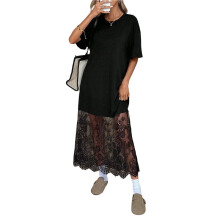 Dames Maxi-Jurk met Korte Mouwen, Kant en Patchwork, Ronde Hals, Casual Lange Jurken voor de Zomer Zwart - op Voorraad XL