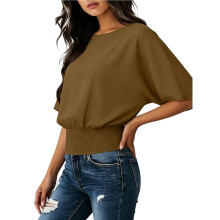 Boho Tops voor Dames, Lente, T-Shirts met Boothals, Korte Mouwen en Boord aan de Onderkant, Basic Blouses Bruin XXL