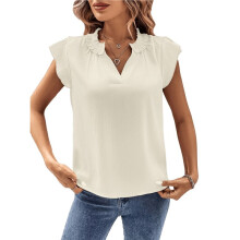 Damestops, Elegante Casual Blouses, Zomerse Shirts met V-Hals, Ruches en Korte Mouwen, Zakelijke Tops voor op Het Werk Crème Wit L