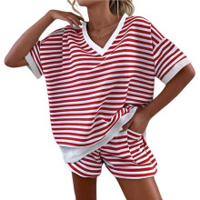Dames Tweedelige Outfit: Gestreept Shirt en Short, Trainingspak, Oversized Bijpassende Outfit Rood M