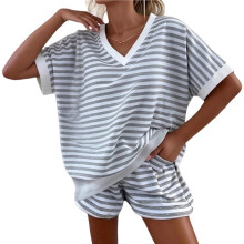 Dames Tweedelige Outfit: Gestreept Shirt en Short, Trainingspak, Oversized Bijpassende Outfit Grijs L