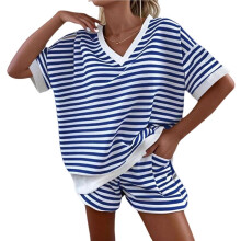 Dames Tweedelige Outfit: Gestreept Shirt en Short, Trainingspak, Oversized Bijpassende Outfit Blauw L
