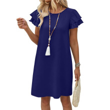 Zomerjurken voor Dames met Ruchesmouwen, Ronde Hals, Losse Zwierige Modellen en Zakken, Effen/Bedrukt. Marineblauw L