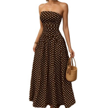 Damesjurk met Stippen, Strapless, Zomerse, Geplooide Tube Top, Casual, Mouwloze, Zwierige Maxi-Jurk Bruin M