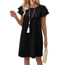 Vestidos de Verão Femininos com Mangas Franzidas, Gola Redonda, Modelagem Solta e Evasê, com Bolsos, Lisos ou Estampados. Preto M