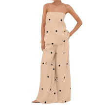 Damesoutfit met Stippen, Bestaande Uit een Strapless Tube Top met Stippen, een Loungebroek met Hoge Taille en Wijde Pijpen. Crème Wit L