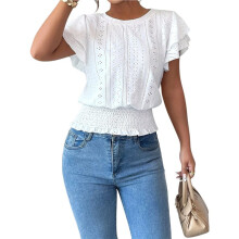 Damesblouse met Ruchesmouwen, Oogjes en Boho-Details, Geplooide Taille en Ronde Hals. Wit 5XL
