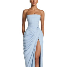 Vestido Longo Feminino Sem Alças, com Fenda Alta Nas Costas, Ideal para Baile de Formatura, Coquetel, Casamento e Festas Formais. Azul Claro XL