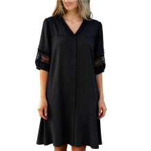 Casual Damesjurk met 3/4 Mouwen en Knoopjes, Losse Midi-Lengte Zwart XL