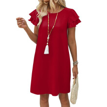 Zomerjurken voor Dames met Ruchesmouwen, Ronde Hals, Losse Zwierige Modellen en Zakken, Effen/Bedrukt. Rood XL