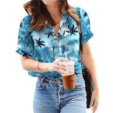 Camisa Feminina de Verão com Estampa Floral, Decote em V, Fechamento Por Botões e Mangas Curtas para Praia. Azul Celeste M