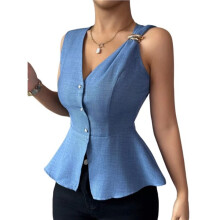 Blusas Femininas de Verão, Estilo Regata, Elegantes, Casuais e para o Trabalho, com Decote em V, Sem Mangas e com Botões. Looks Modernos Azul S
