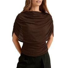 Women'S Ruched Mesh Top Draped Asymmetrical Short Sleeve T Shirts Brown XXL