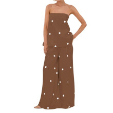 Conjunto de Duas Peças Feminino com Estampa de Bolinhas, Composto Por Top Tomara Que Caia e Calça Pantalona de Cintura Alta. Marrom L