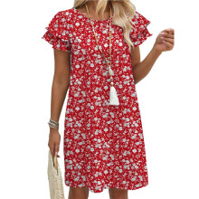 Zomerjurken voor Dames met Ruchesmouwen, Ronde Hals, Losse Zwierige Modellen en Zakken, Effen/Bedrukt. Rood & Wit XL