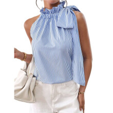 Women'S Tank Tops High Necked Ruffle Striped Tie Sleeveless Blouse Top Sky XL