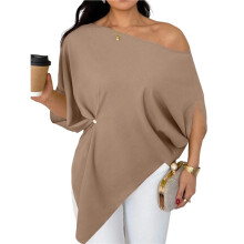Women'S Off the Shoulder Asymmetrical Tops Dressy Dolman Sleeve Ruched Going Out Blouse Khaki M