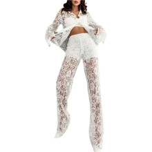 2-Delige Kanten Outfit voor Dames: Bloemenprint, Doorschijnende Crop Top met Strik aan de Voorkant, Lange Mouwen en Bijpassende Broek. Wit L