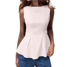 Blusa Feminina Sem Mangas com Peplum, Modelagem Slim Fit, Gola Redonda, Ideal para Ocasiões Formais e Informais, Perfeita para o Verão. Branco L