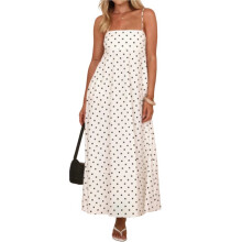 Women'S Maxi Dress in Brown Polka Dot with Asymmetrical Neckline White S