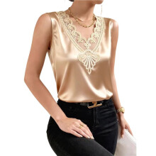 Blusa Feminina de Cetim com Decote em V Contrastante, Sem Mangas e Apliques, Ideal para o Verão. Cor Champagne XXXL