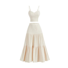Conjuntos de Saia Maxi de 2 Peças para Mulheres com Top Cropped e Saia Midi Fluida com Babados para Férias e Saídas Branco Leitoso S