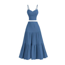 Conjuntos de Saia Maxi de 2 Peças para Mulheres com Top Cropped e Saia Midi Fluida com Babados para Férias e Saídas Azul Pavão XL