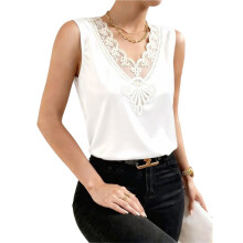Damesblouse van Satijn met Contrasterende Kanten Details, V-Hals, Mouwloos en met Applicaties, Zomerse Tanktop Wit XXL